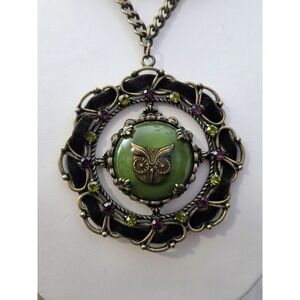 Owl Pendant Statement Necklace Faux Jade Bronze Tone Chain Ribbon Rhinestones